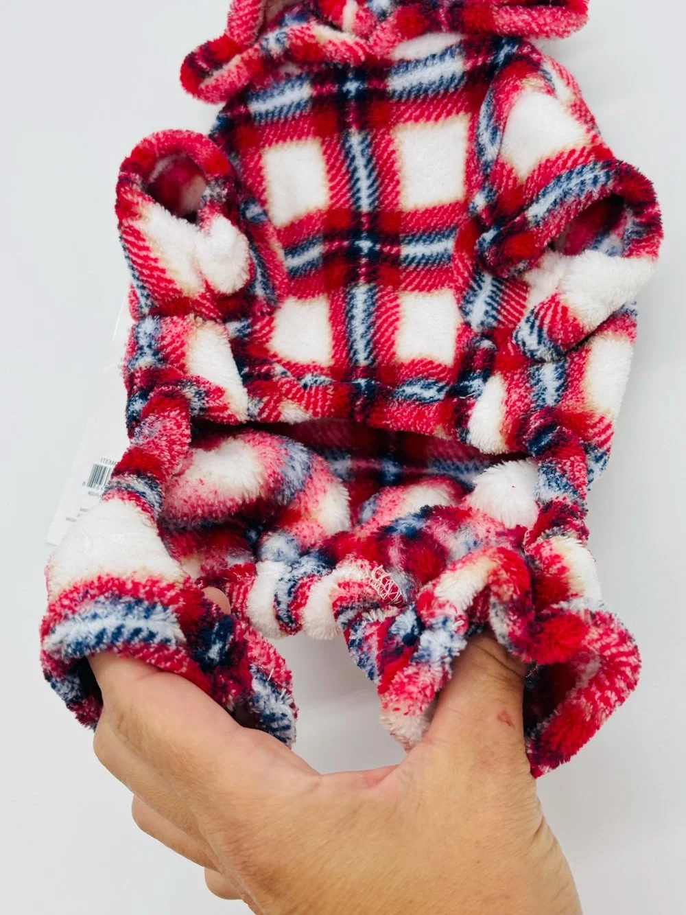 Wag A Tude Dog Pajamas XS Red Plaid Plush Hooded Pom Pom Pet Fleece Sleeper NWT
